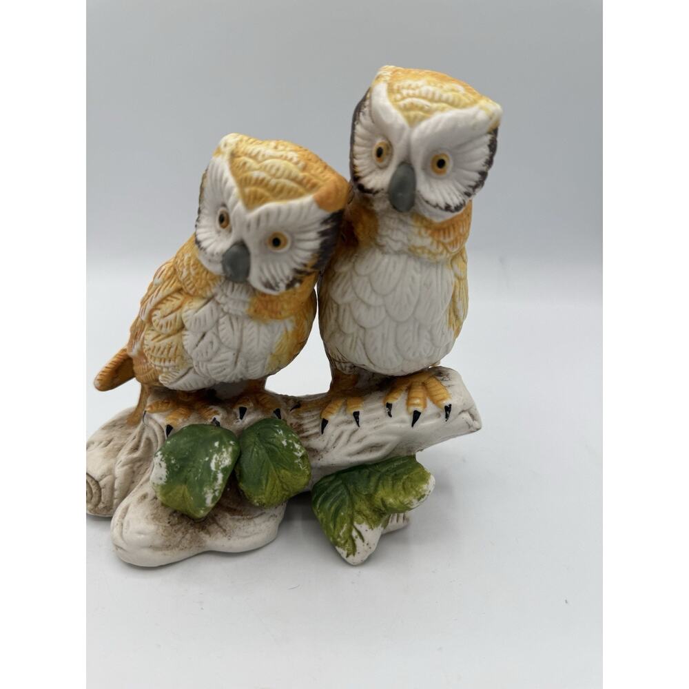 Vintage Ceramic Owl Figurines On Tree Log Woodland Owl Decor Birds Figure
